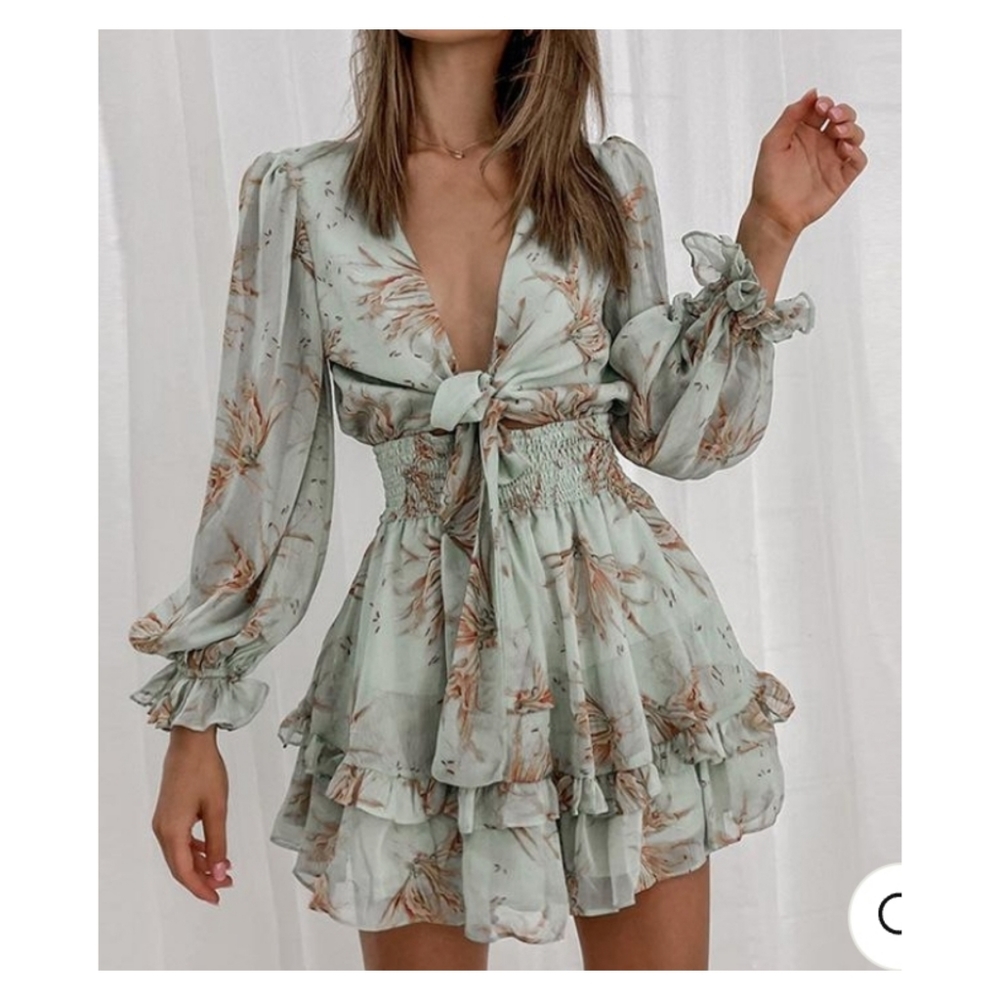 Green floral long sleeve chiffon v-neck smock waist a-line ruffle mini dress